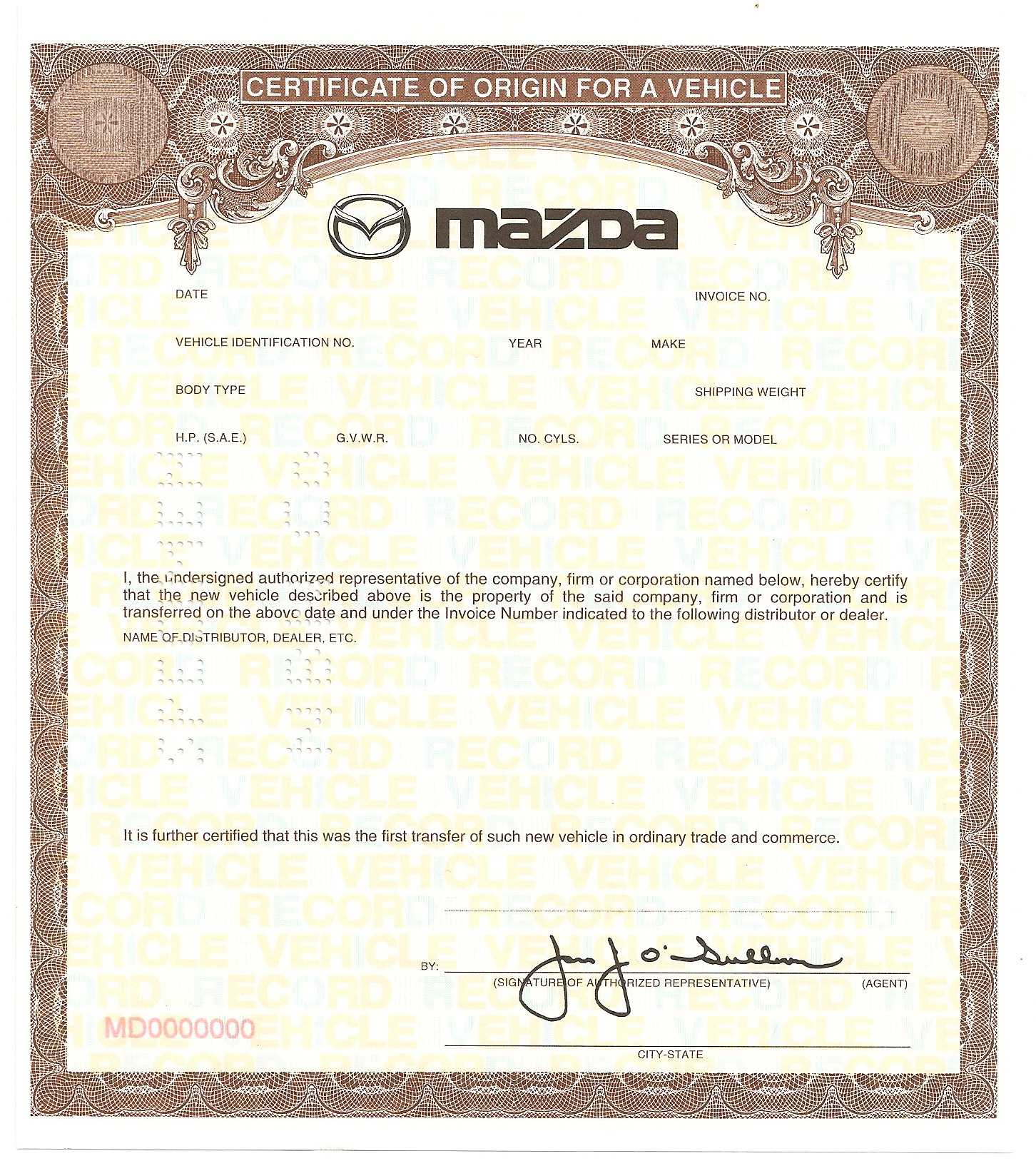 Certificate Of Origin For A Vehicle Template Regarding Certificate Of Origin For A Vehicle Template