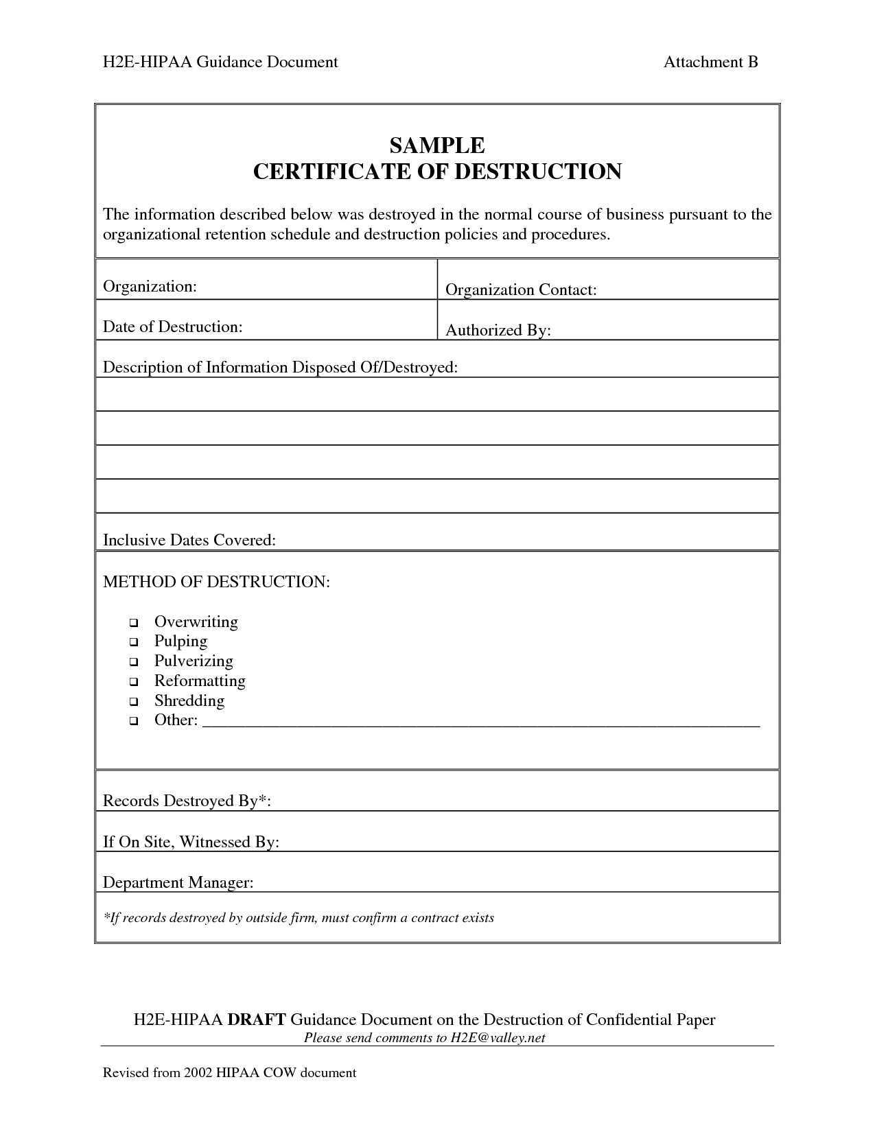 Certificate Template Archives – Atlantaauctionco In Certificate Of Destruction Template