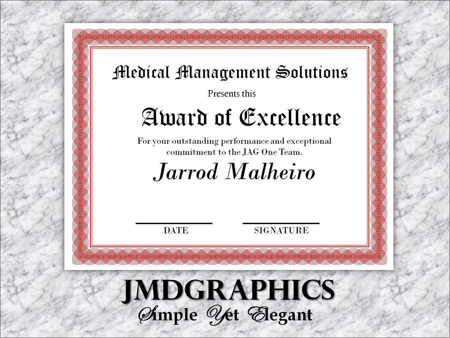 Certificate Template, Instant Download, Award Of Excellence – Editable For Award Of Excellence Certificate Template