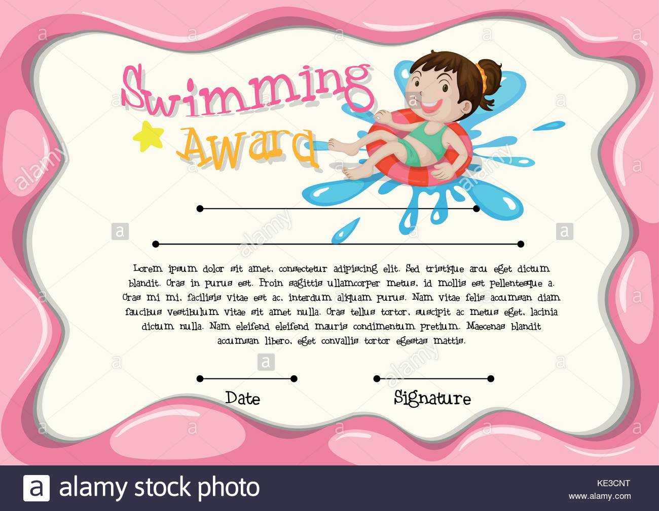Certificate Template With Girl Swimming Illustration Stock With Regard To Free Swimming Certificate Templates