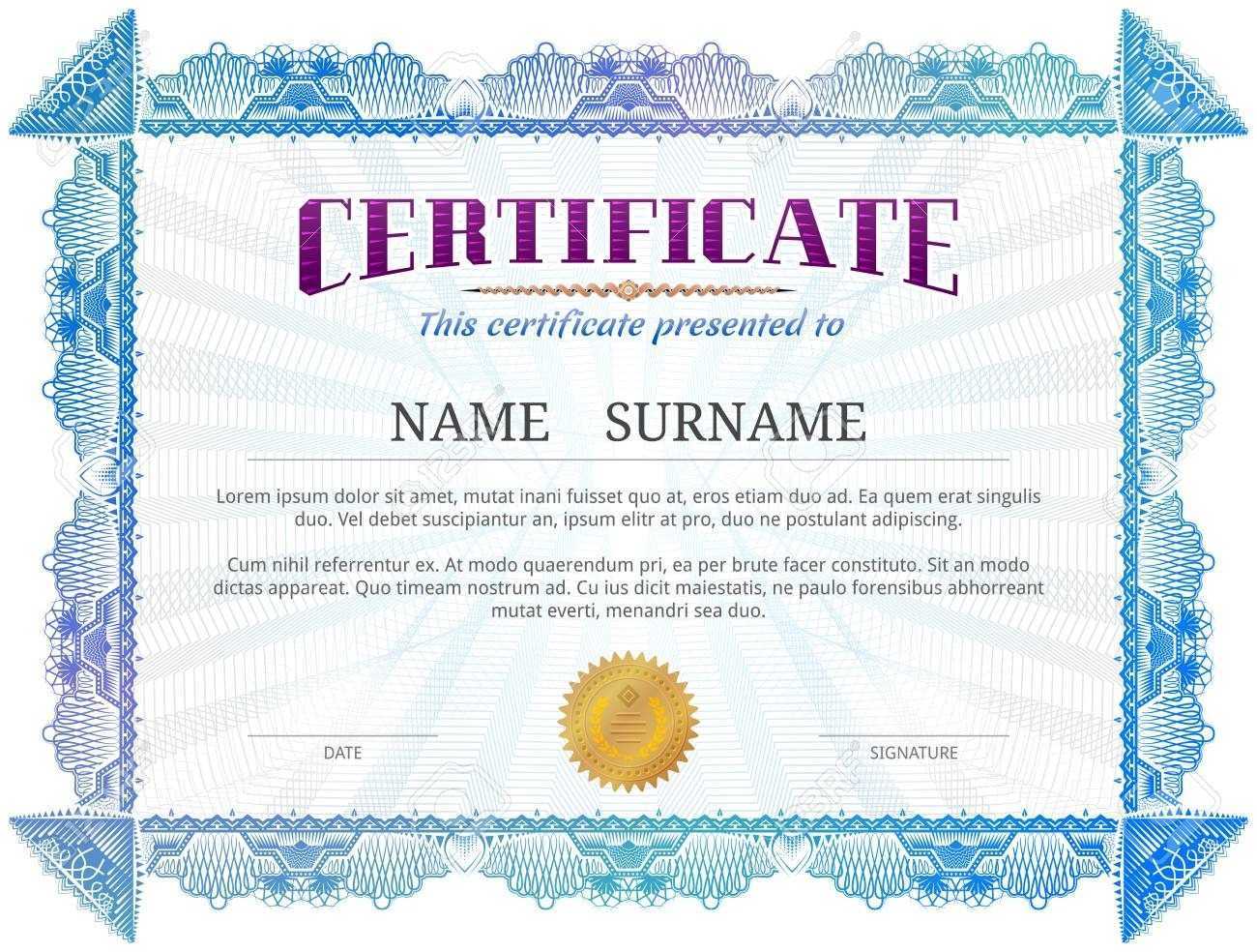 Certificate Template With Guilloche Elements. Blue Diploma Border.. For Validation Certificate Template