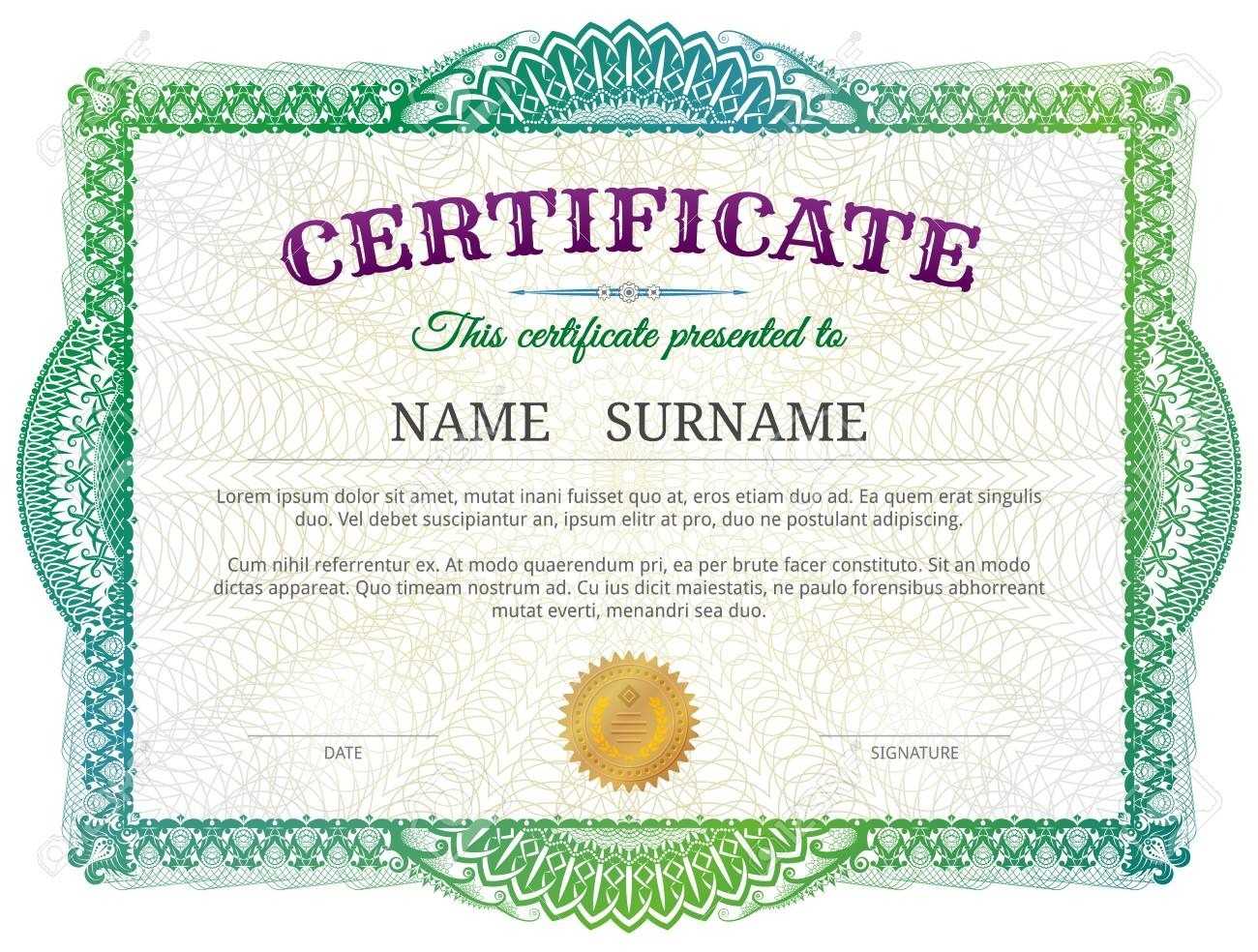 Certificate Template With Guilloche Elements. Green Diploma Border.. With Validation Certificate Template
