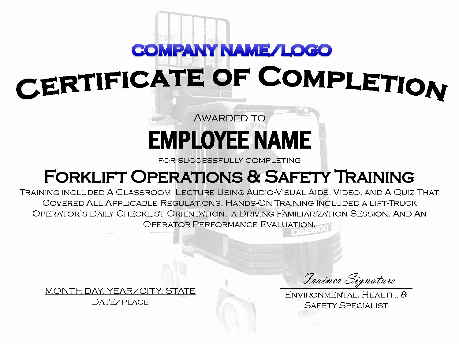 Certificate Templates: Forklift Certification Card Template Throughout Forklift Certification Card Template