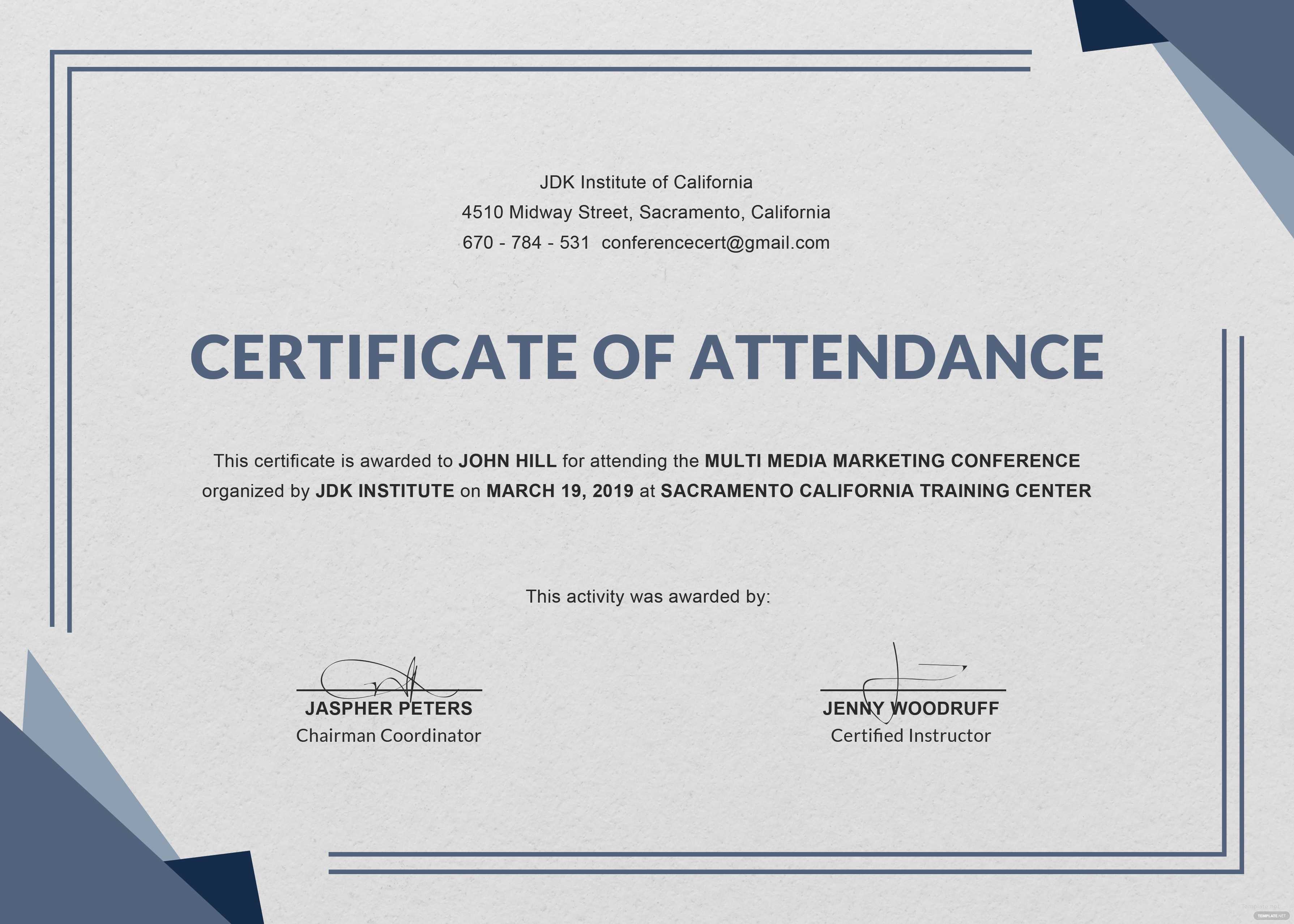 Certificate Templates: Free Conference Attendance Regarding Certificate Of Attendance Conference Template