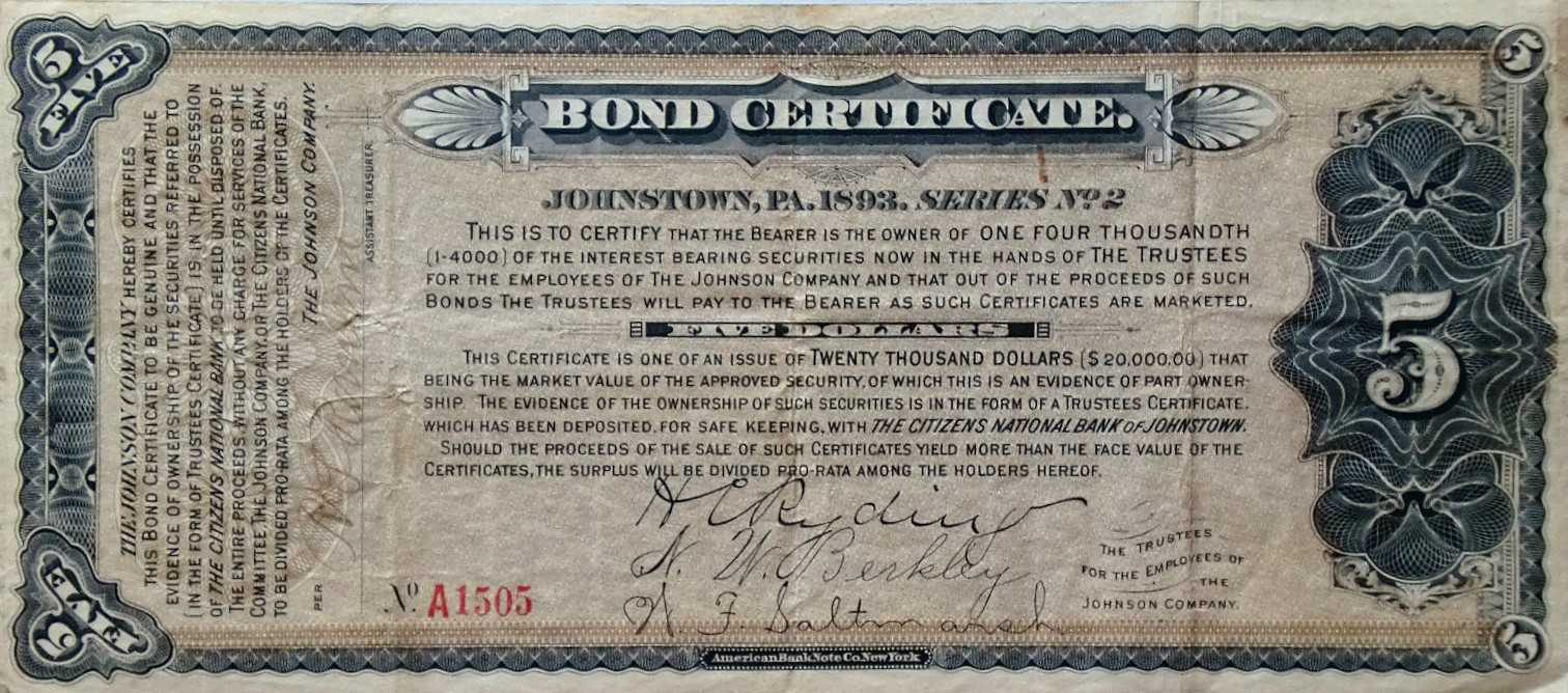 Certificate Templates: Vintage Johnstown: 1893 Bond Certificate Regarding Corporate Bond Certificate Template