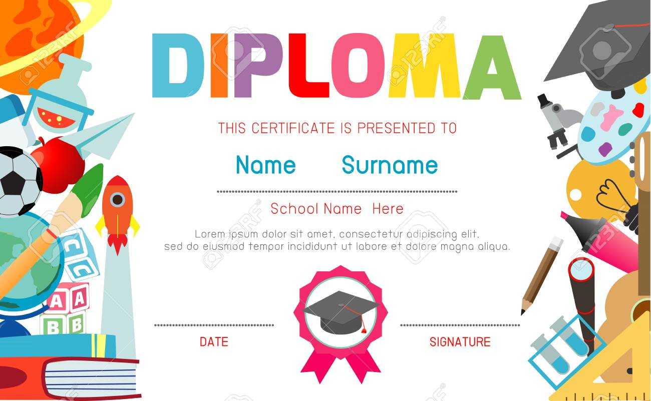 Certificates Kindergarten And Elementary, Preschool Kids Diploma.. Inside Preschool Graduation Certificate Template Free