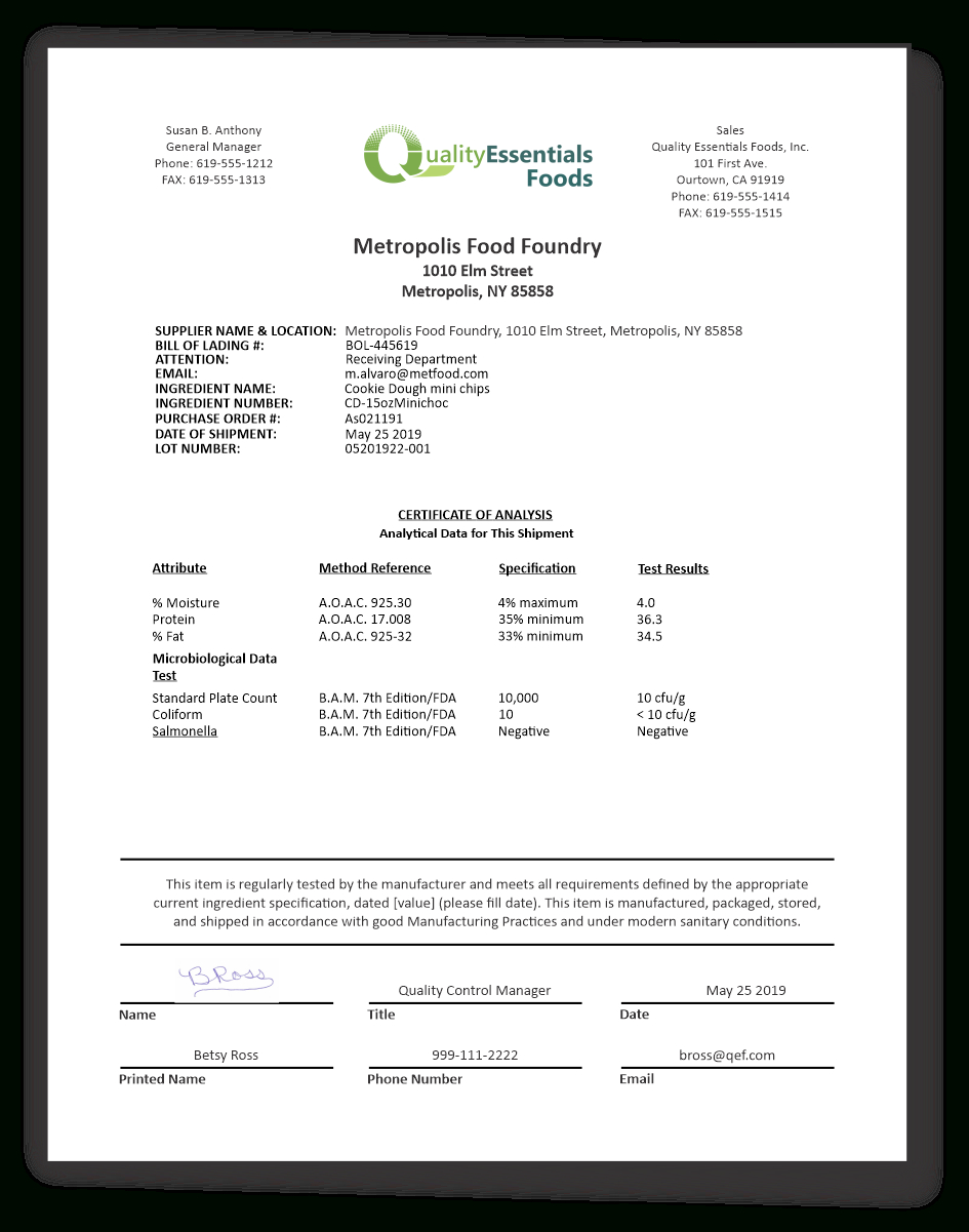 Certificates Of Analysis For Food – Quality Essentials Suite For Certificate Of Analysis Template