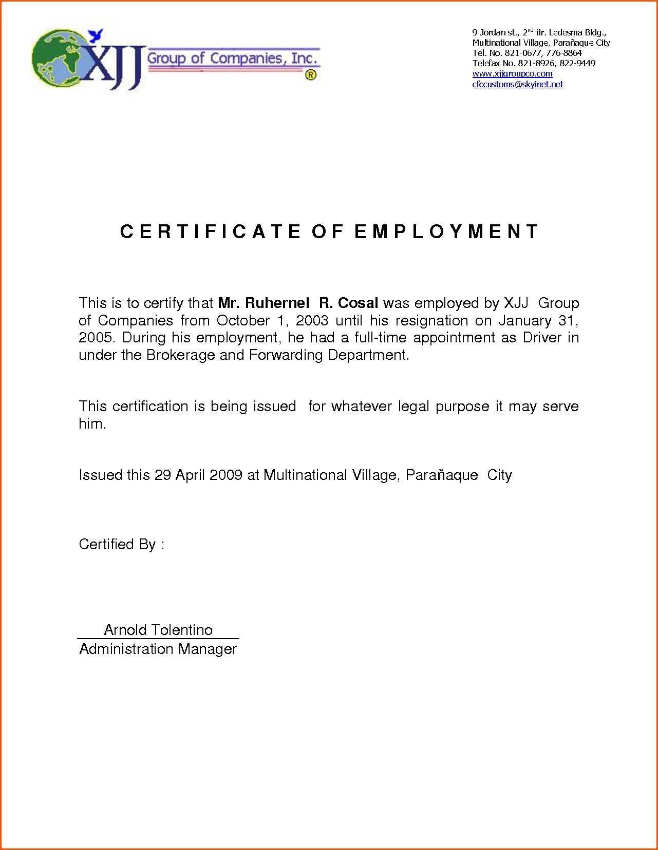Certificates: Stunning Certificate Of Employment Template With Regard To Certificate Of Employment Template
