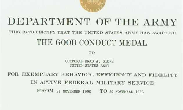 Certificates: Wonderful Good Conduct Certificate Template for Army Good Conduct Medal Certificate Template
