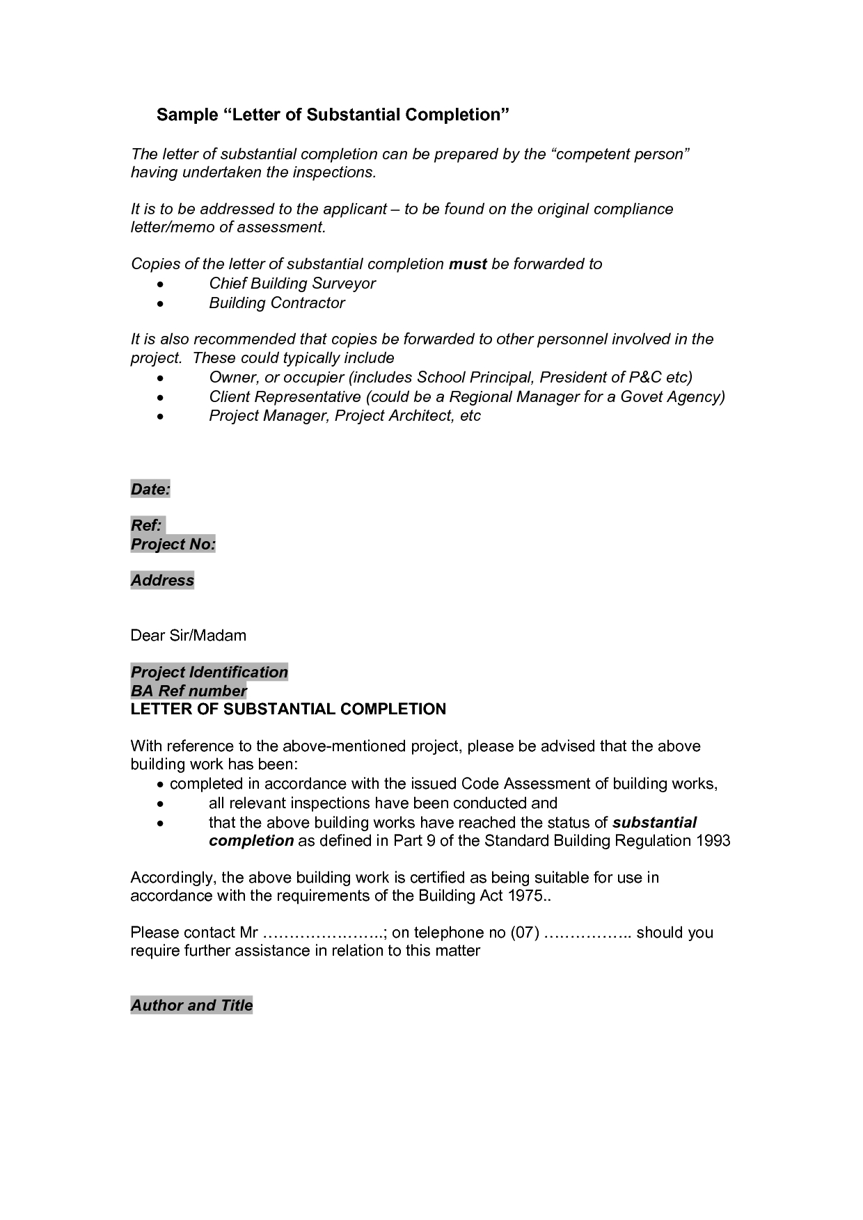 Certification Certificate Completion Construction Letter With Regard To Certificate Of Completion Construction Templates