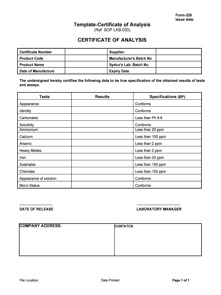 Certification Of Analysis Template – Fill Online, Printable Within Certificate Of Analysis Template