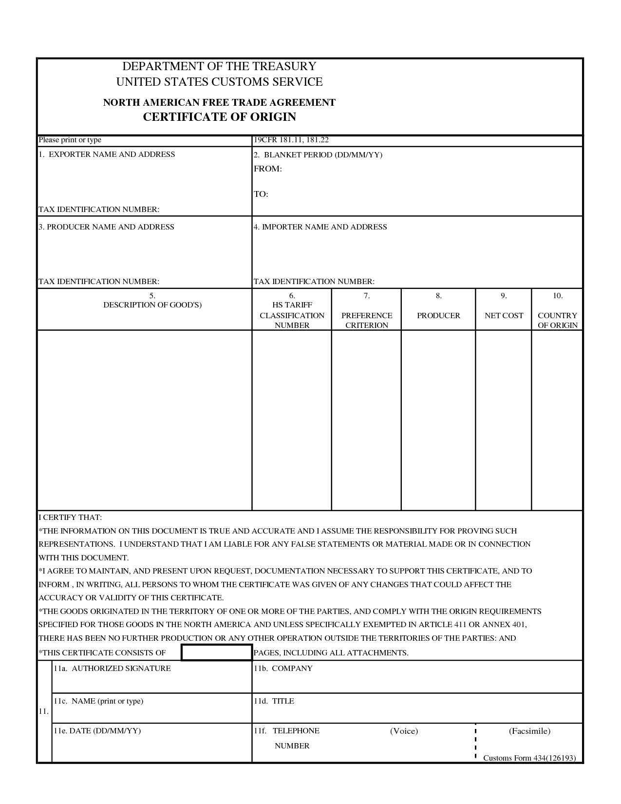 Certification Of Origin Template Within Nafta Certificate Template