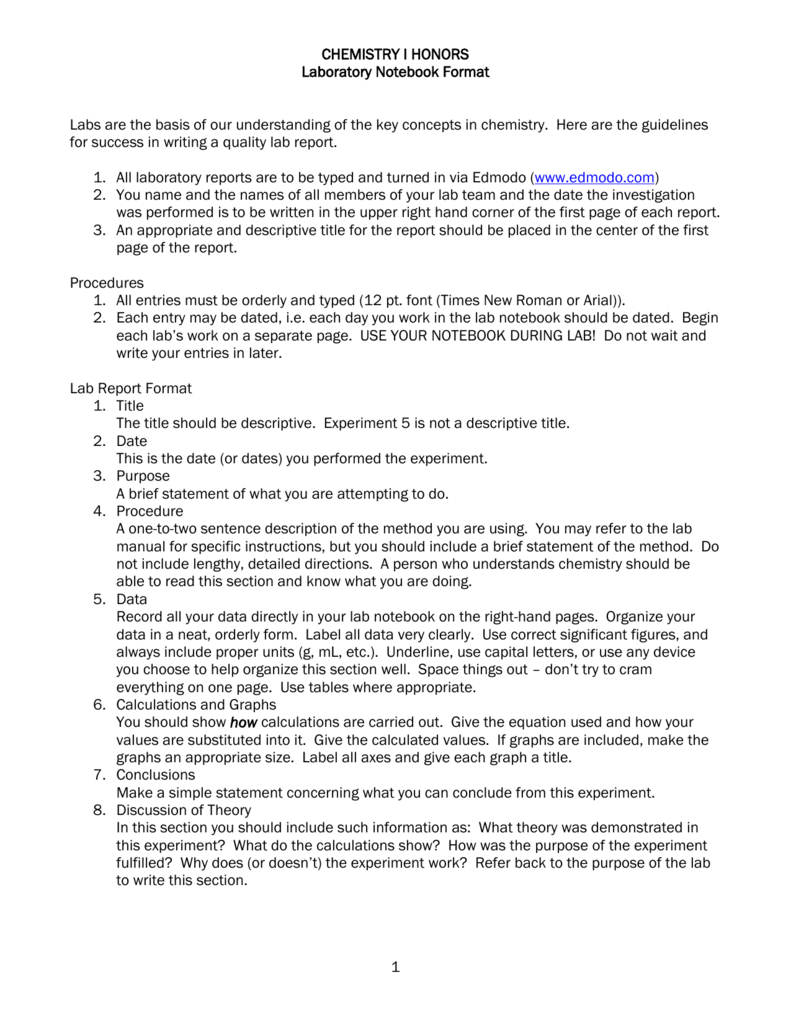 Chemistry I Honors Lab Report Format Intended For Chemistry Lab Report Template