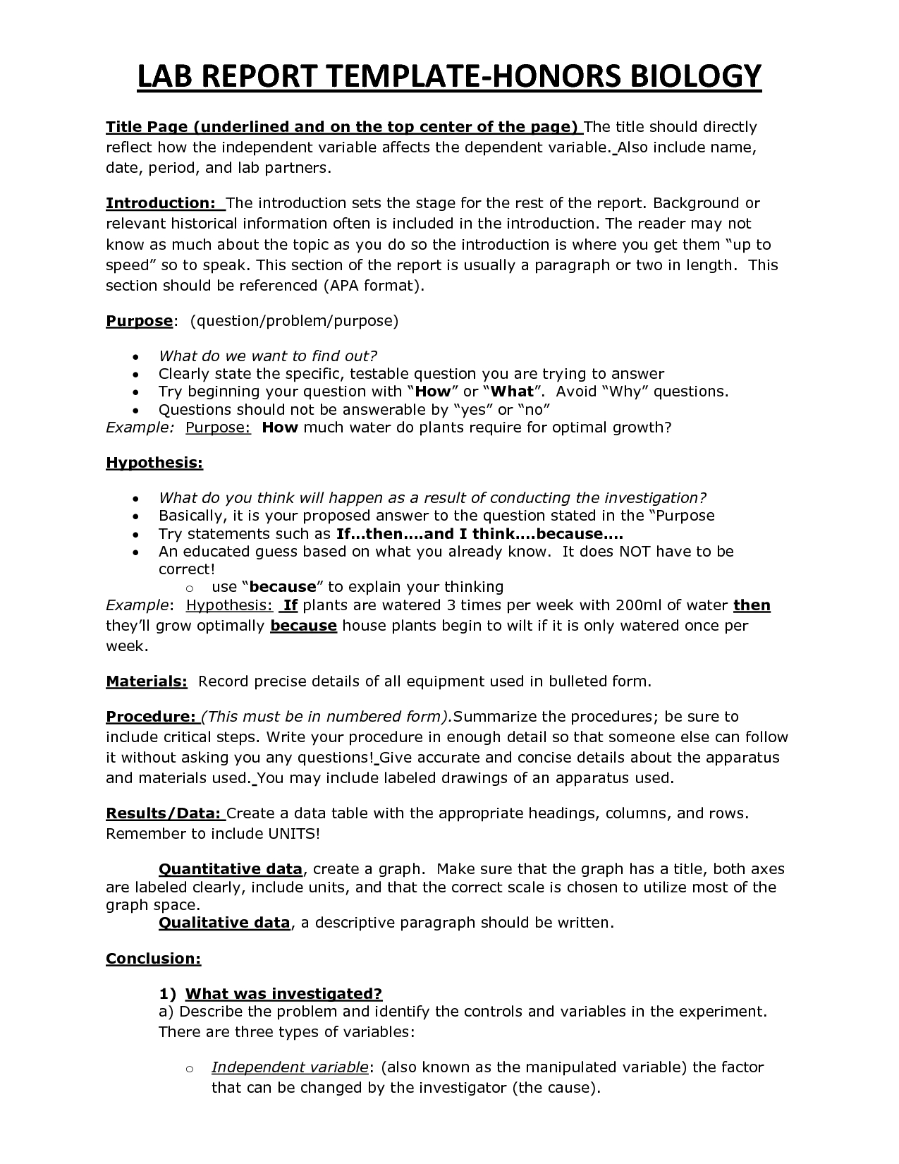 Chs Hbio Lab Report Template | Biology | Lab Report Template For Template On How To Write A Report