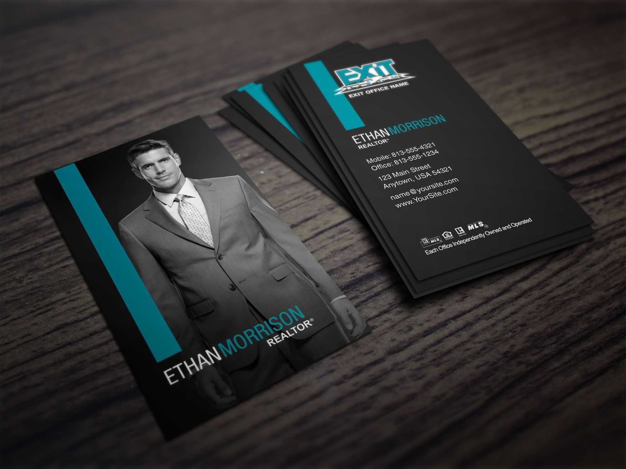 Clean, Dark Exit Realty Business Card Design For Realtors Pertaining To Real Estate Agent Business Card Template