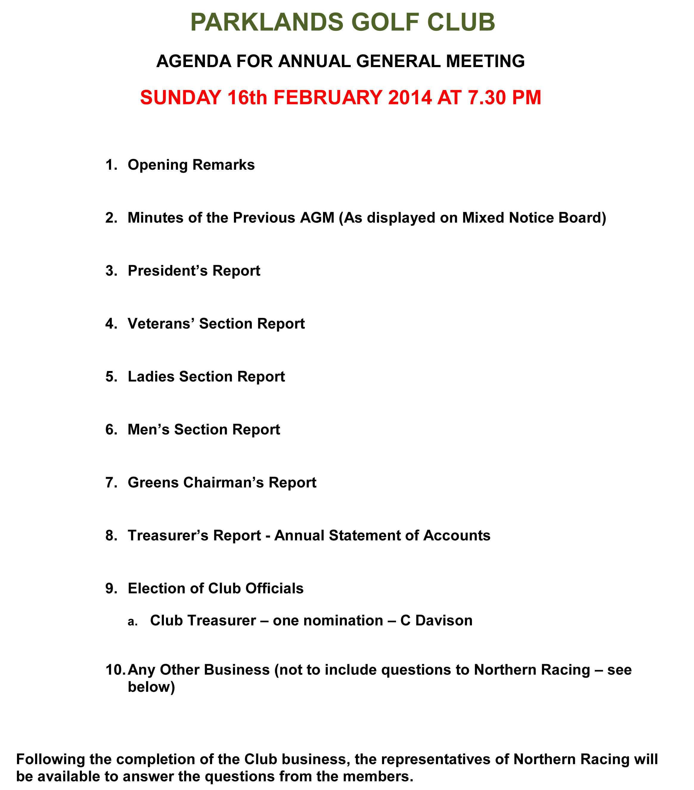 Club Agm – Sunday 16Th February 2014 | Parklands Golf Club Throughout Treasurer's Report Agm Template