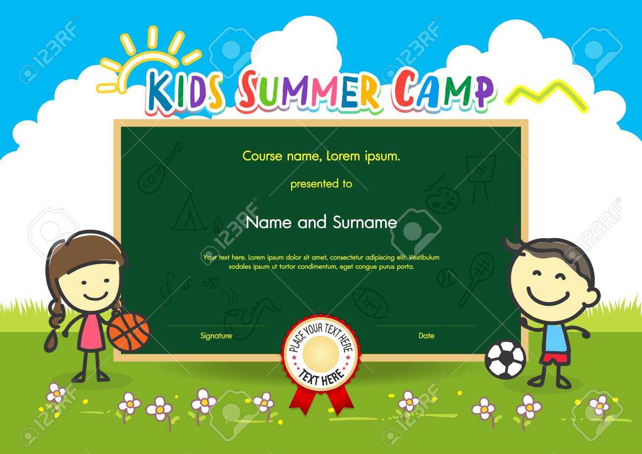 Colorful Kids Summer Camp Diploma Certificate Template In Cartoon.. With Regard To Summer Camp Certificate Template