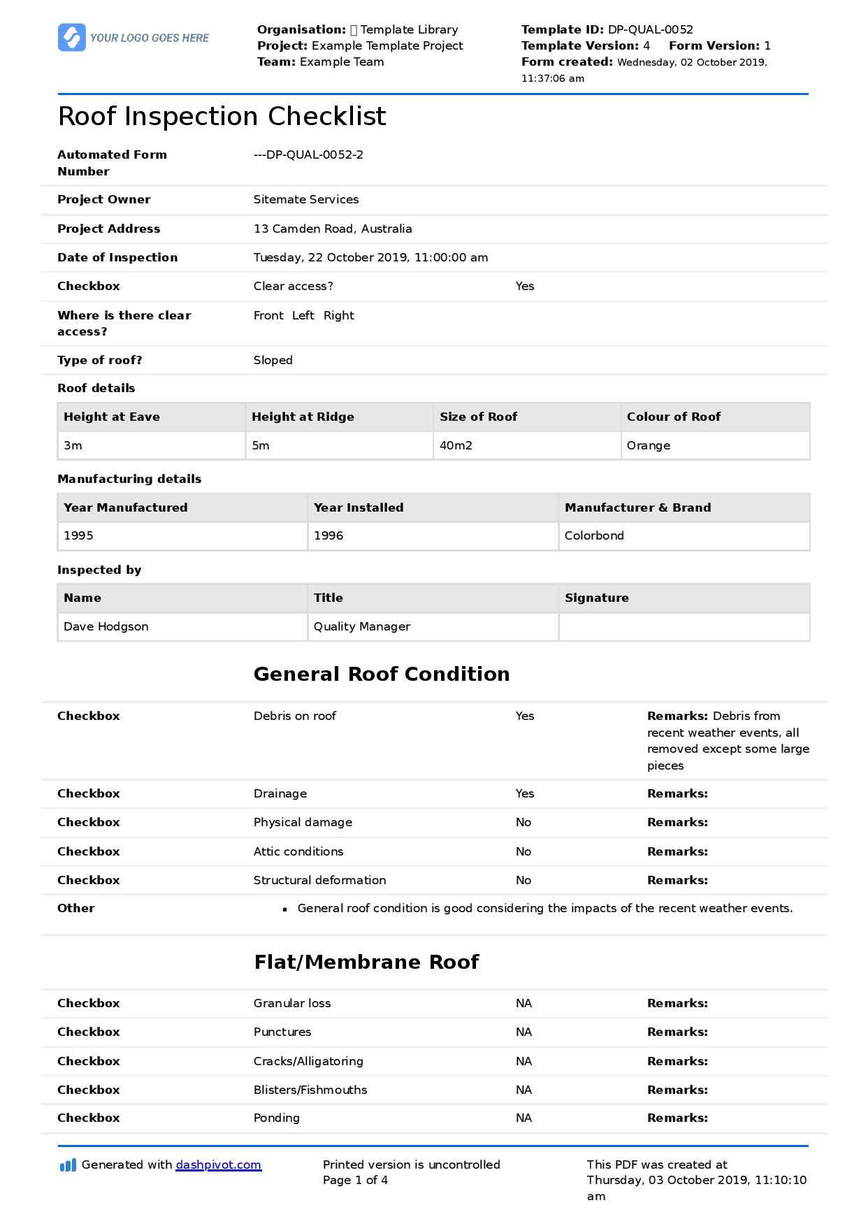 Commercial Roof Inspection Checklist And Report Template Within Roof Inspection Report Template