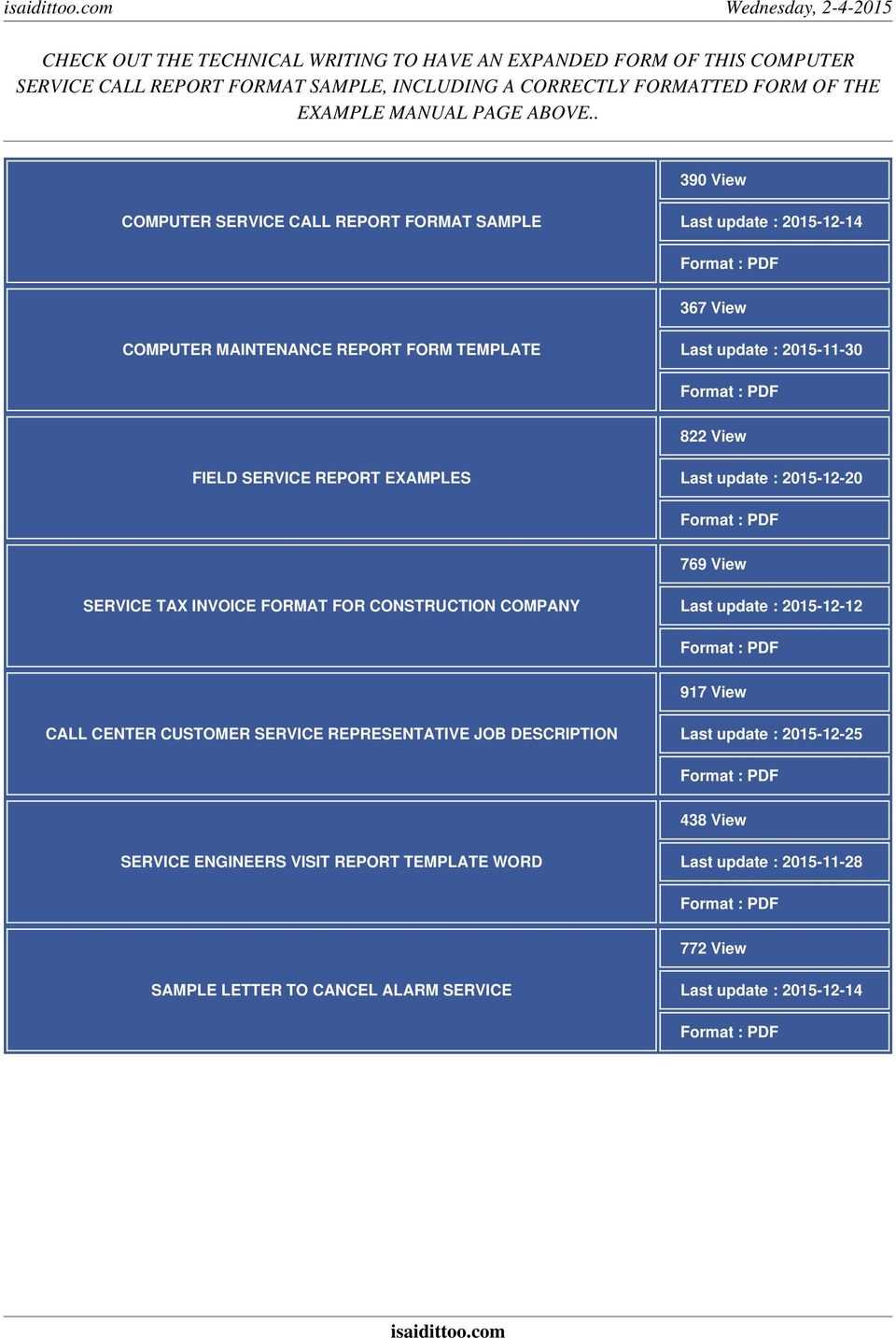 Computer Service Call Report Format Sample – Pdf Pertaining To Computer Maintenance Report Template