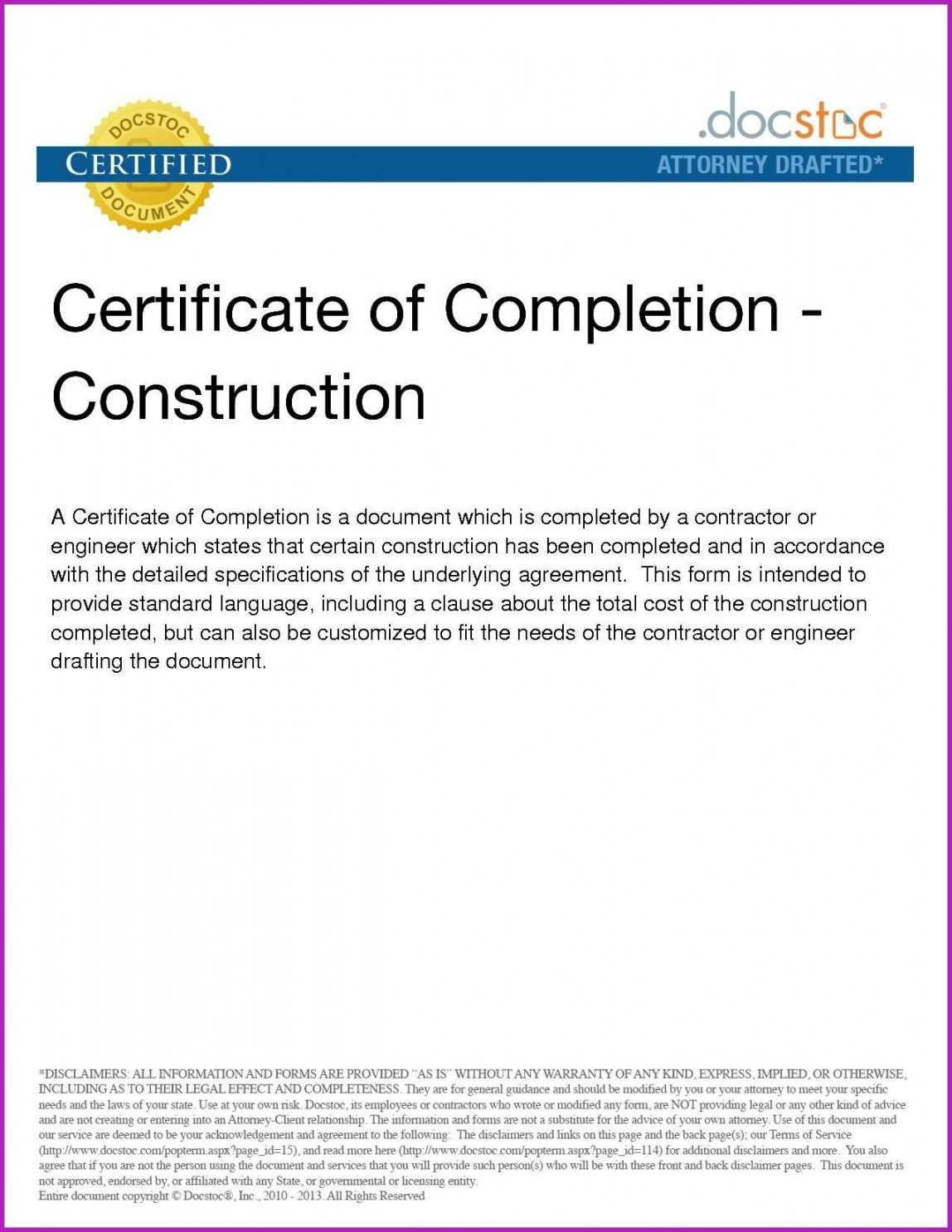 Construction Completion Certificate Template With Regard To Certificate Of Completion Construction Templates