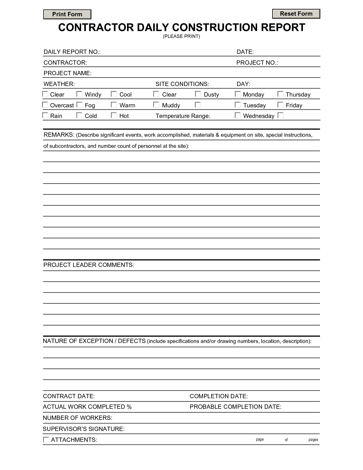 Construction Daily Report Template | Contractors | Report Intended For Fault Report Template Word
