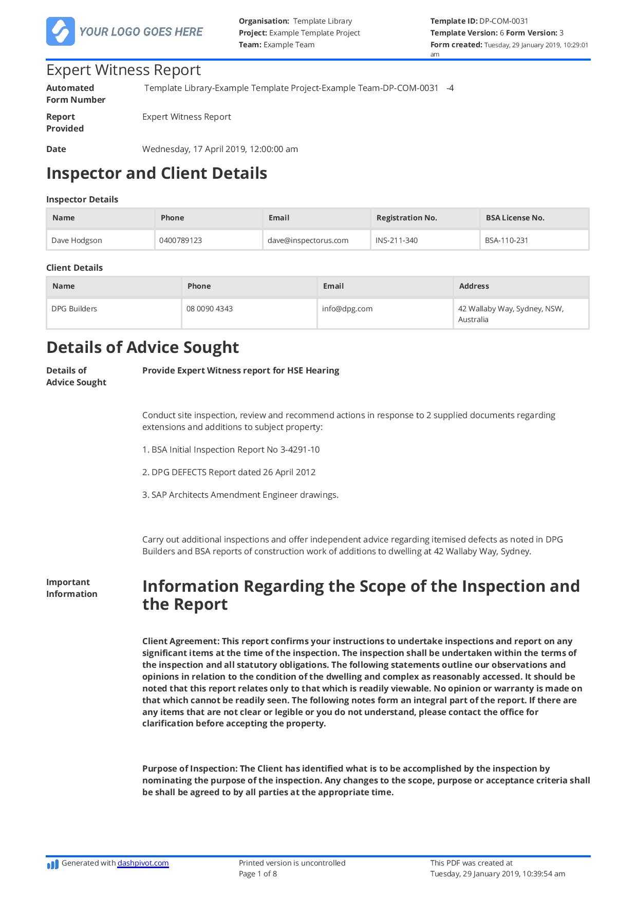 Construction Expert Witness Report Example And Editable Template Throughout Report Builder Templates
