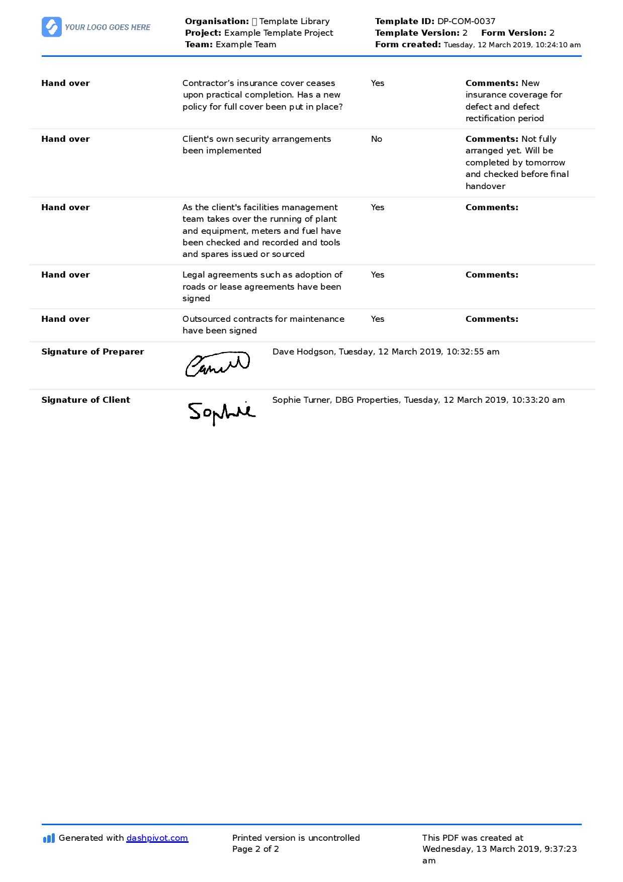 Construction Project Handover Document Sample To Use Or Copy For Handover Certificate Template