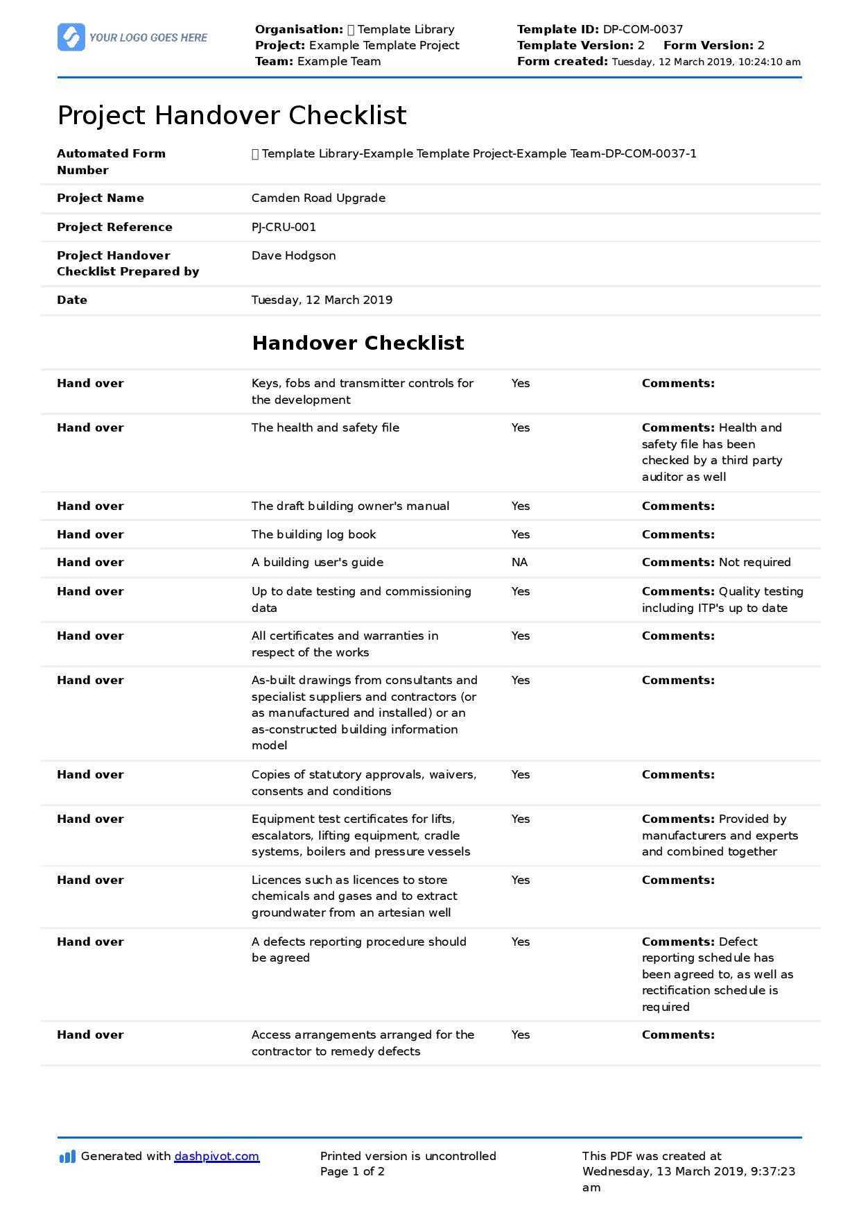 Construction Project Handover Document Sample To Use Or Copy With Regard To Handover Certificate Template