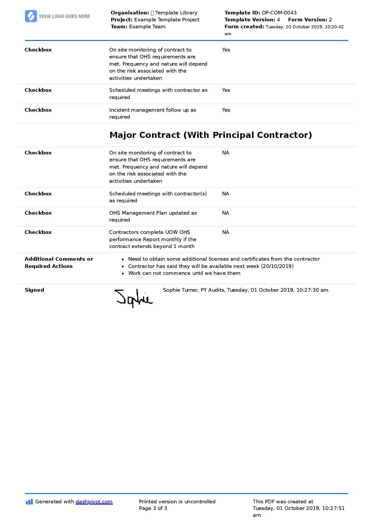 Contractor Management Checklist (Free And Editable Template) Regarding Ohs Monthly Report Template