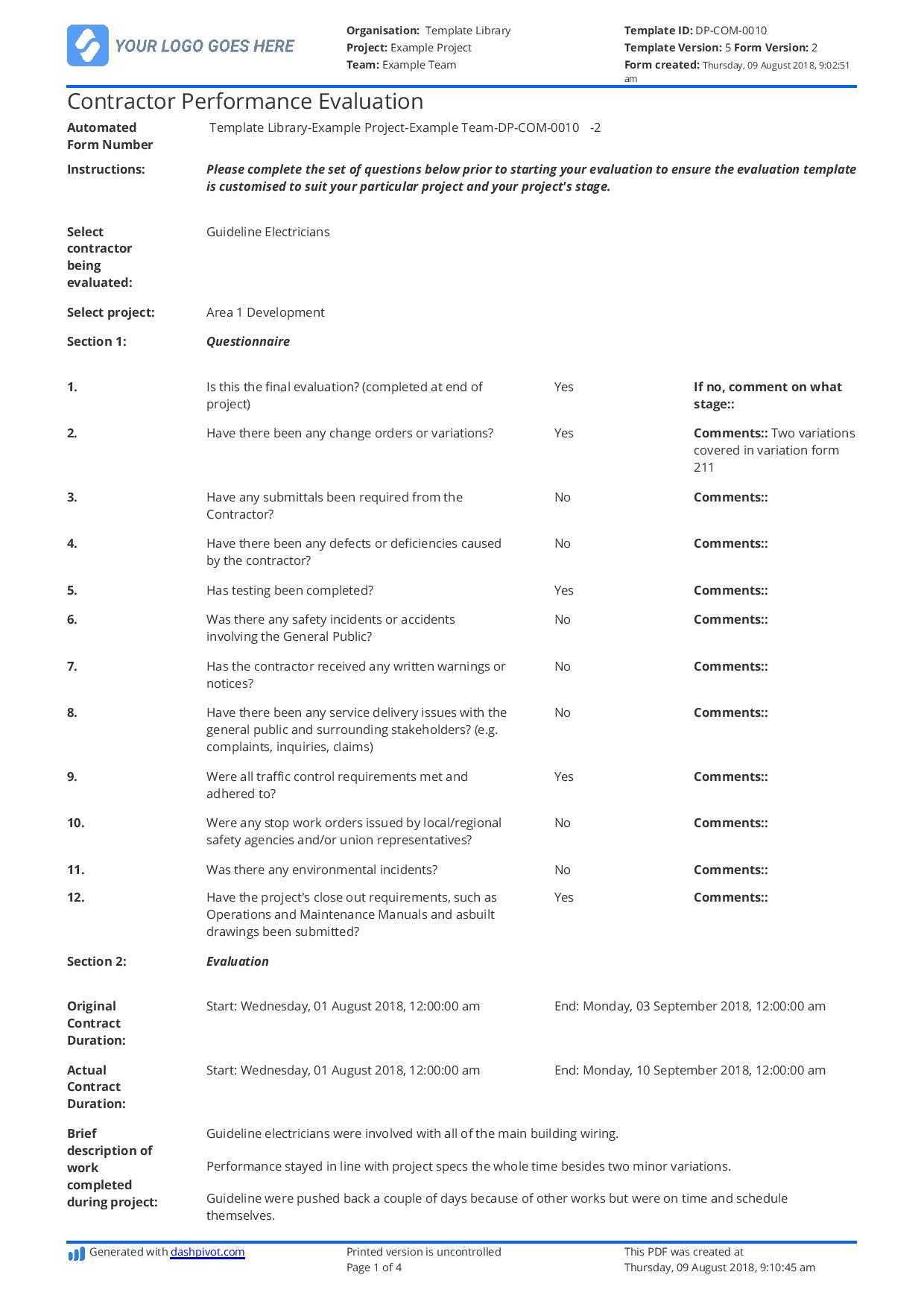 Contractor Performance Evaluation Sample (+ What Else You In Template For Evaluation Report