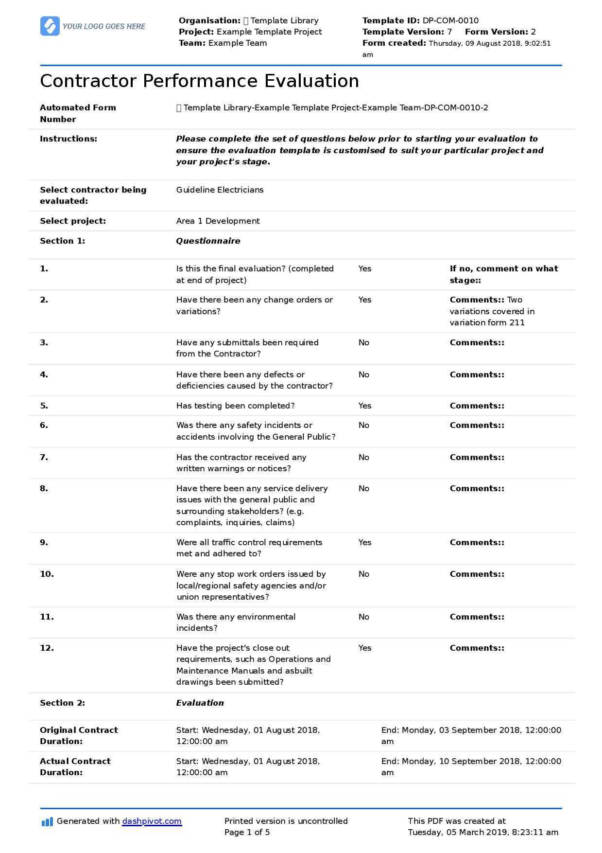 Contractor Performance Report Template: Free And For Template For Evaluation Report