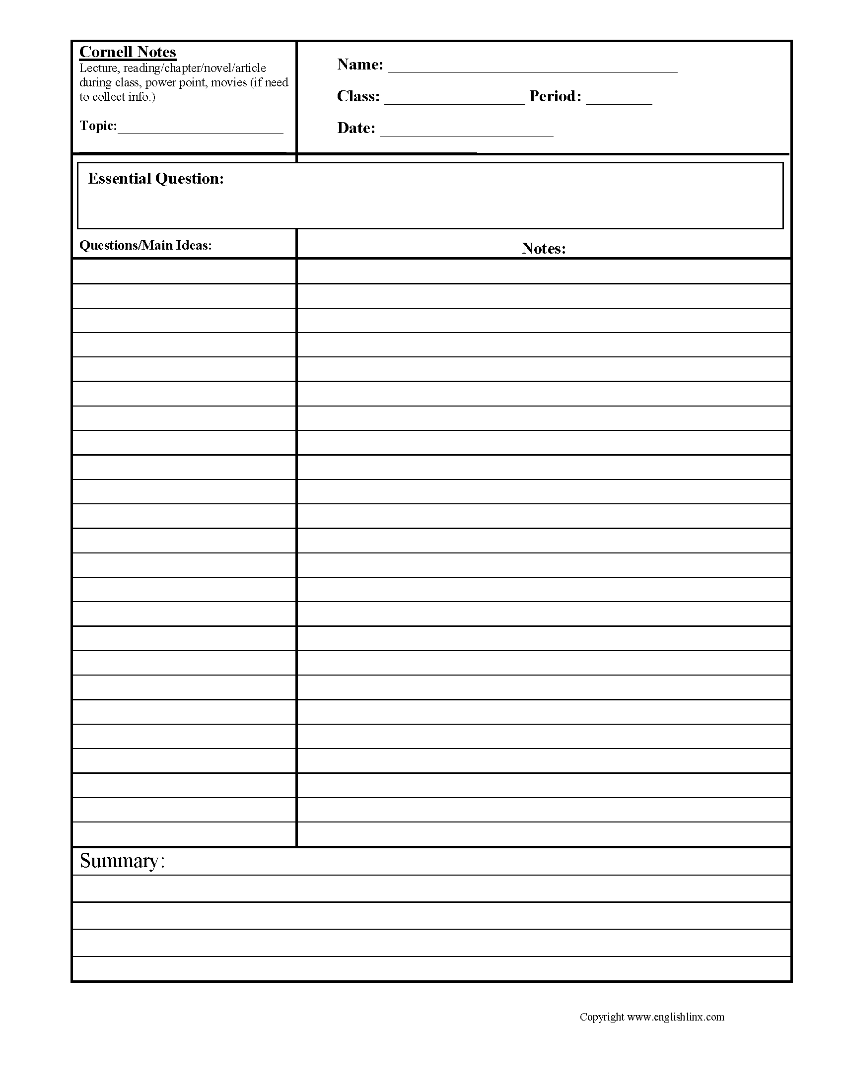 Cornell Notes Summary Worksheets | Cornell Notes Template In Cornell Note Template Word