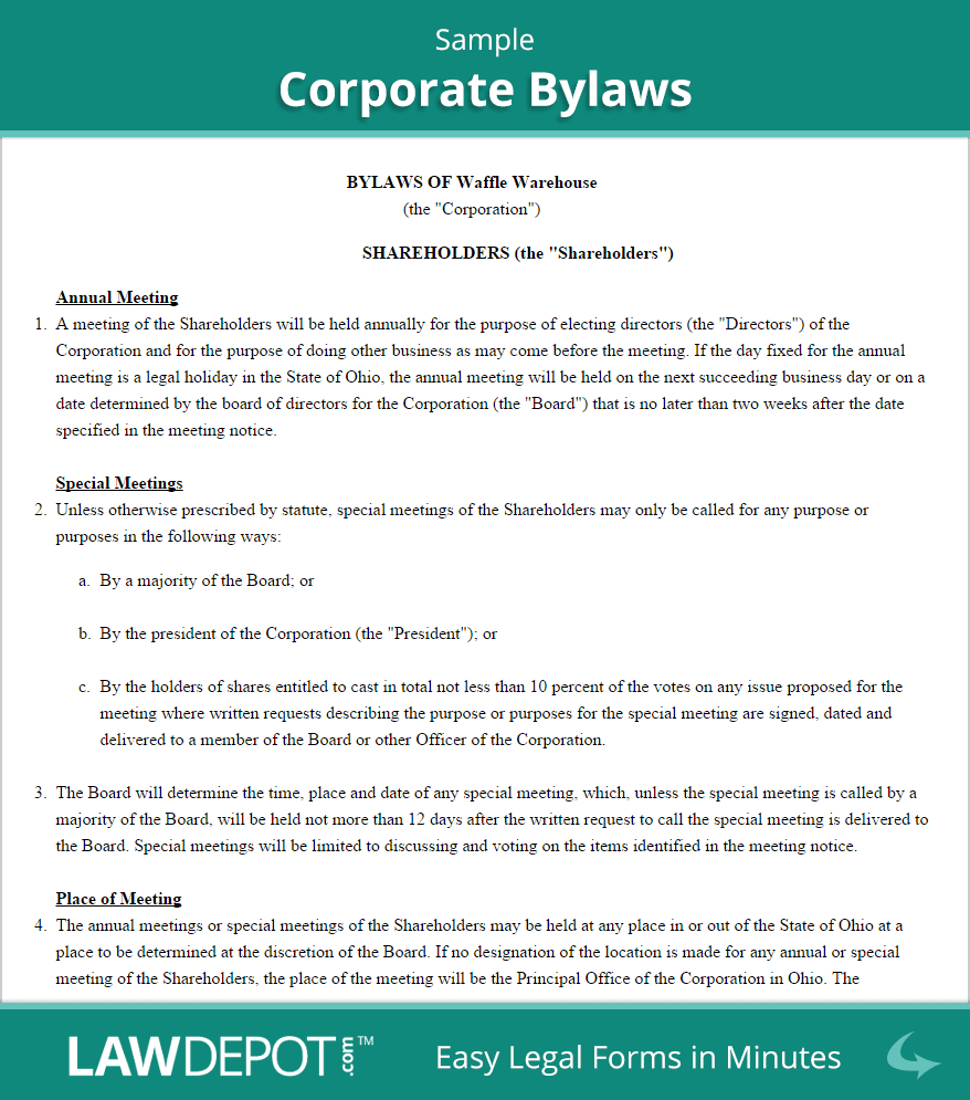 Corporate Bylaws Template (Us) | Lawdepot Within Corporate Bylaws Template Word
