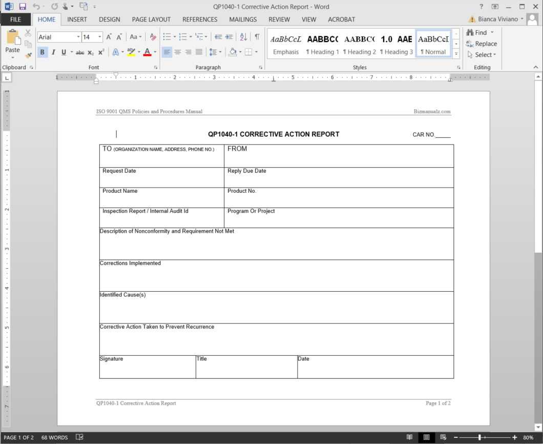 Corrective Action Report Iso Template | Qp1040 1 Inside Non Conformance Report Form Template