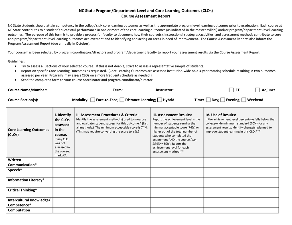 Course Assessment Report Template For State Report Template