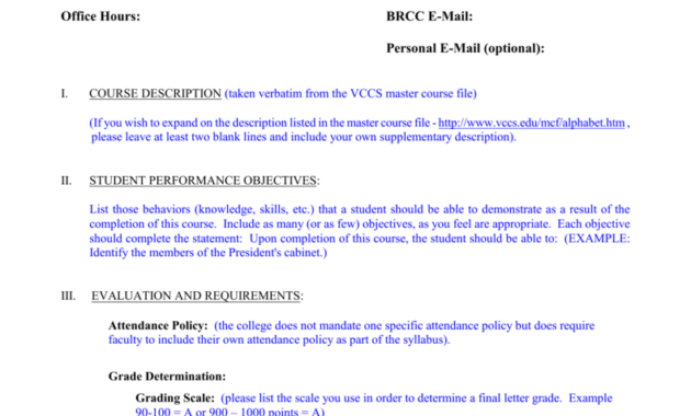 Course Syllabus Template - Blue Ridge Community College in Blank Syllabus Template