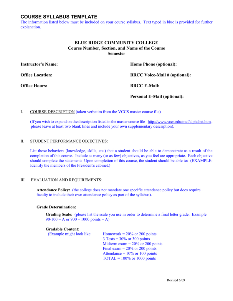 Course Syllabus Template - Blue Ridge Community College In Blank Syllabus Template