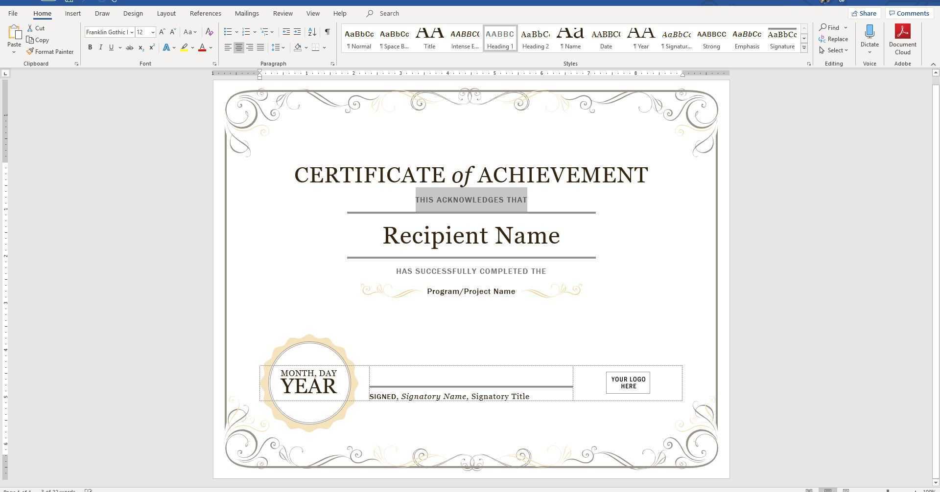 Create A Certificate Of Recognition In Microsoft Word Inside Certificate Of Attainment Template