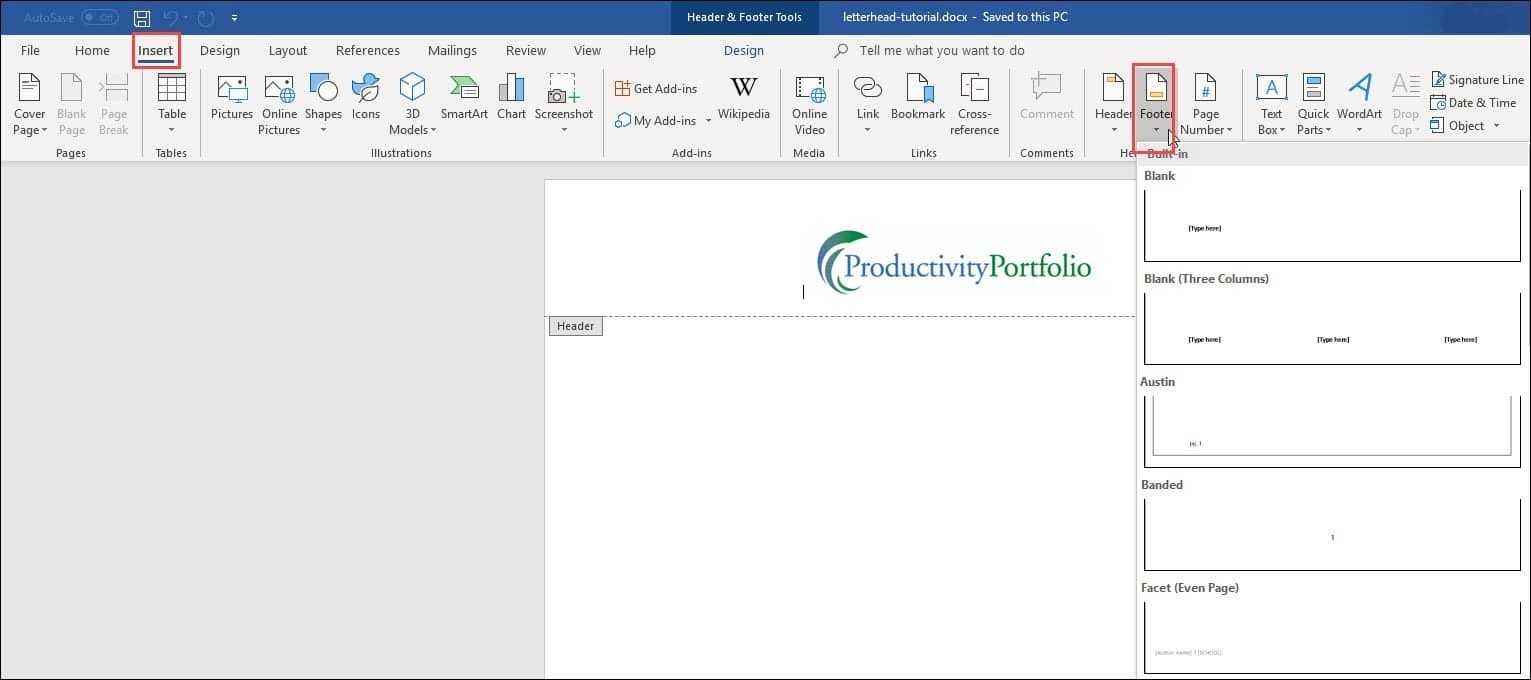 Create A Word Letterhead Template | Productivity Portfolio Throughout Header Templates For Word