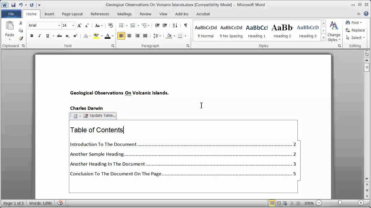 Creating A Table Of Contents In A Word Document - Part 1 With Regard To Contents Page Word Template
