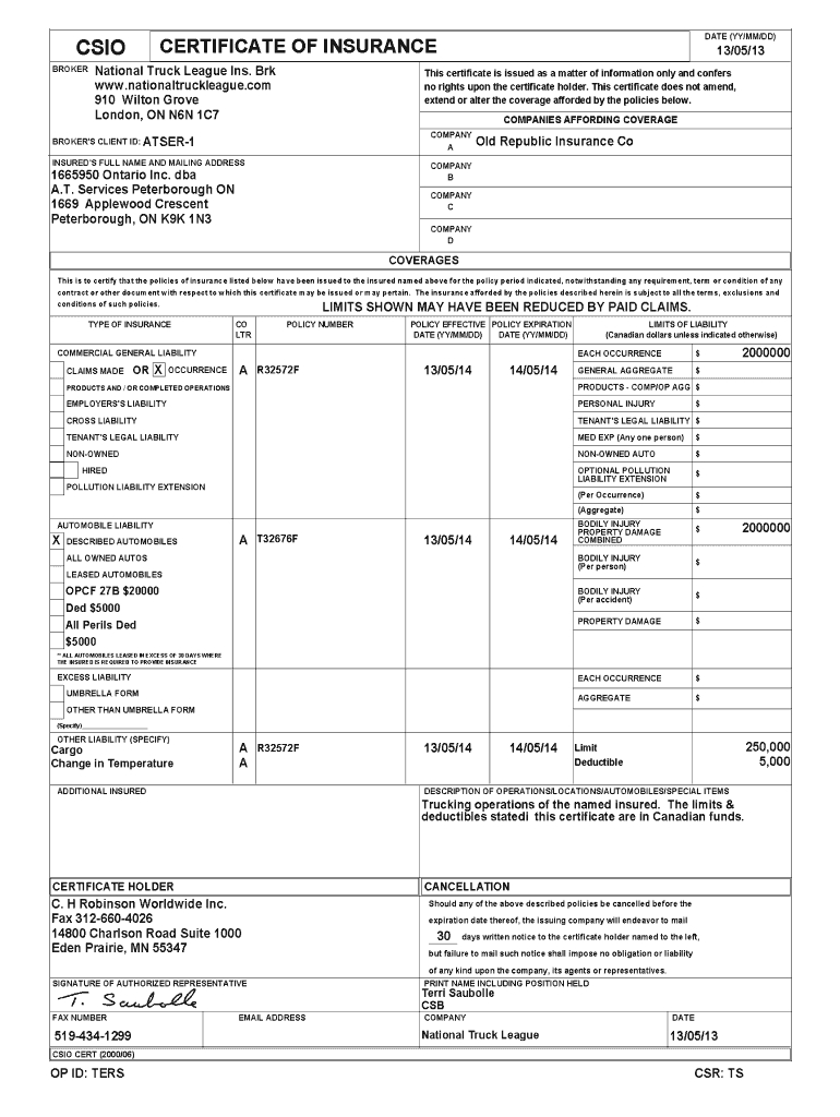 Csio Certificate Insurance Template - Fill Online, Printable For Certificate Of Insurance Template