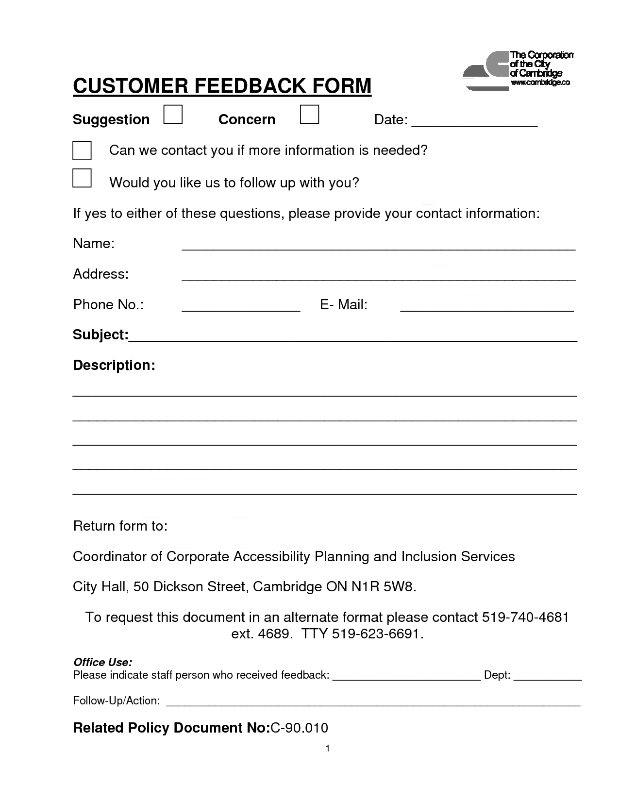 Customer Contact Form | Customer Feedback Form (Pdf Download With Regard To Word Employee Suggestion Form Template