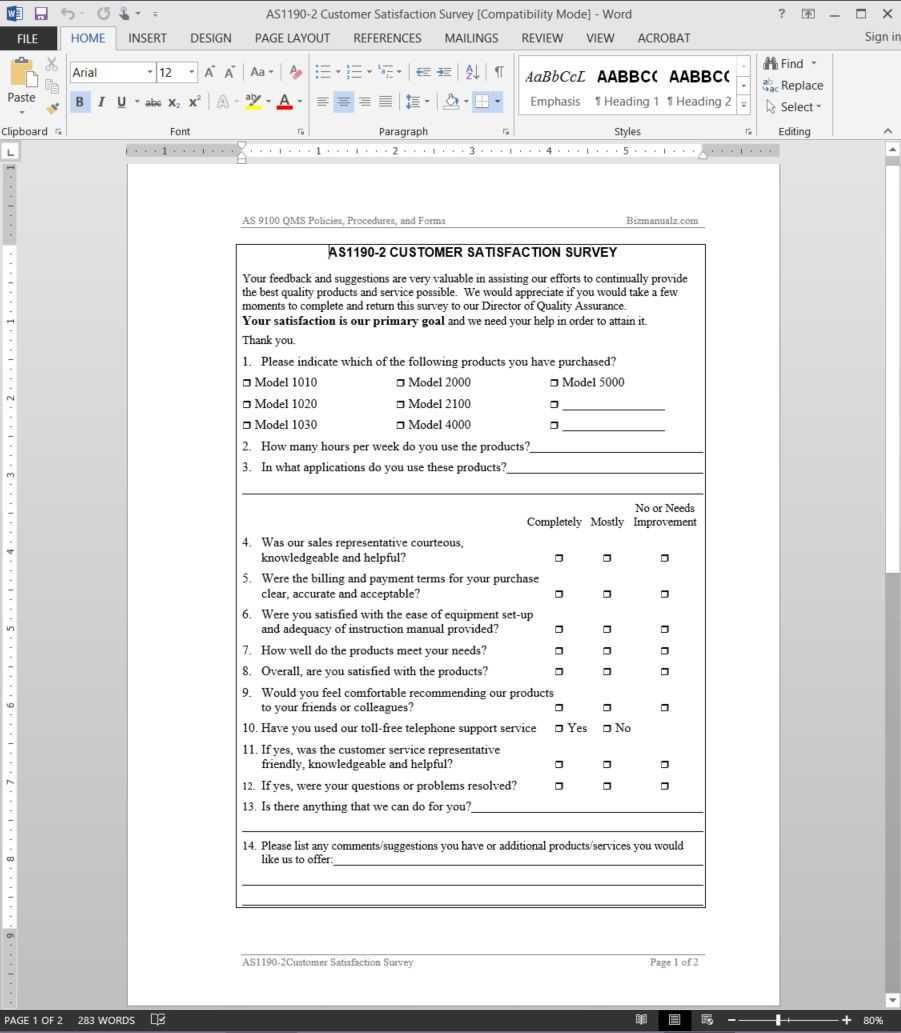 Customer Satisfaction Survey As9100 Template | As1190 2 Intended For Customer Satisfaction Report Template
