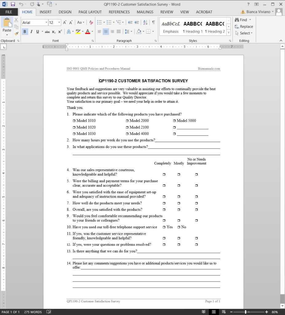 Customer Satisfaction Survey Iso Template | Qp1190 2 In Customer Satisfaction Report Template