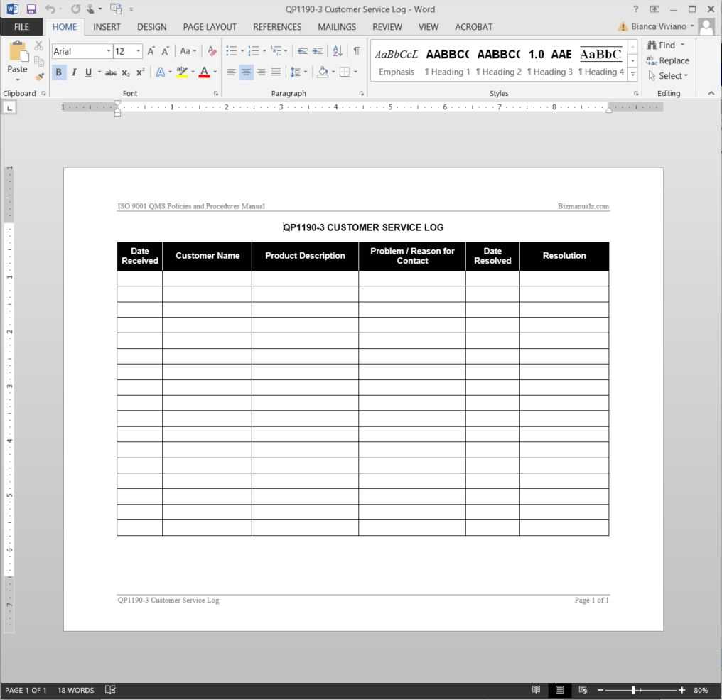 Customer Service Log Iso Template | Qp1190 3 Regarding It Support Report Template