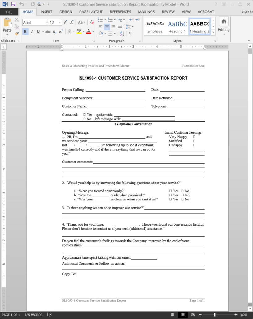 Customer Service Satisfaction Report Template | Sl1090 1 Intended For Technical Service Report Template