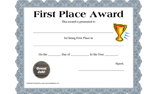Customizable Printable Certificates | First Place Award with First Place Award Certificate Template