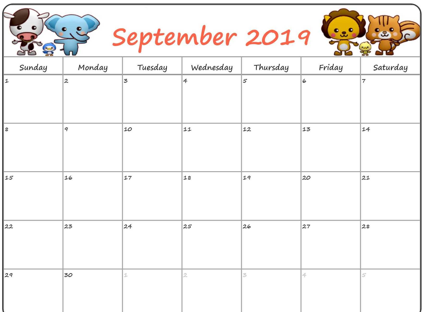 Cute September 2019 Calendar For Kids – Printable Calendar Throughout Blank Calendar Template For Kids