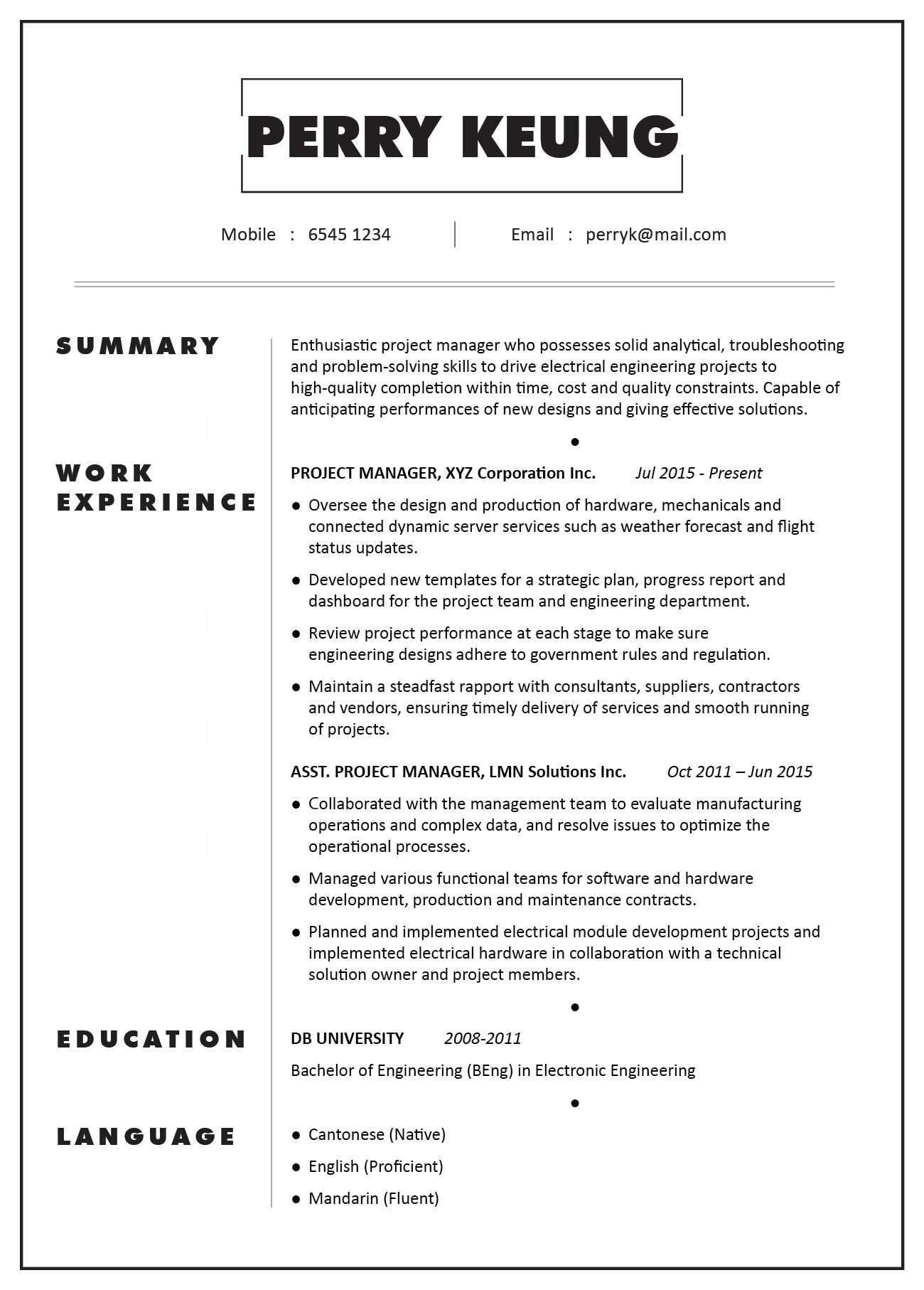 Cv Sample – Project Manager (Electronic/electrical For Operations Manager Report Template