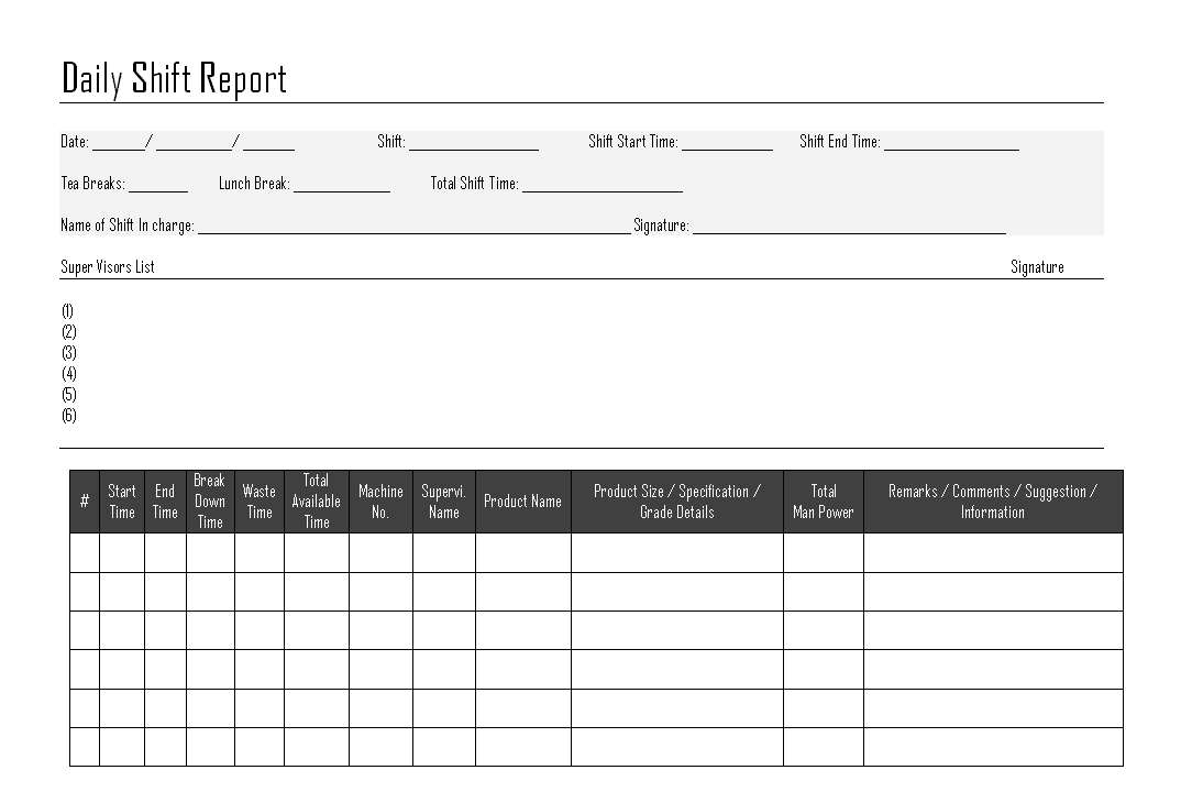 Daily Shift Report – For Daily Report Sheet Template
